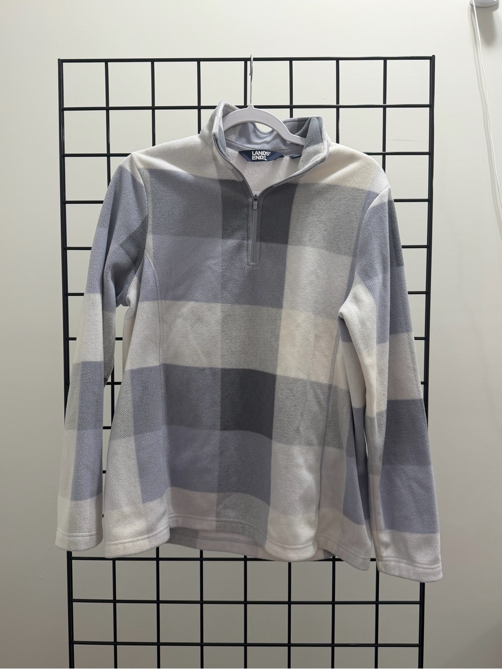 Lands' End Women's Gray and White Plaid Quarter-Zip Fleece Pullover